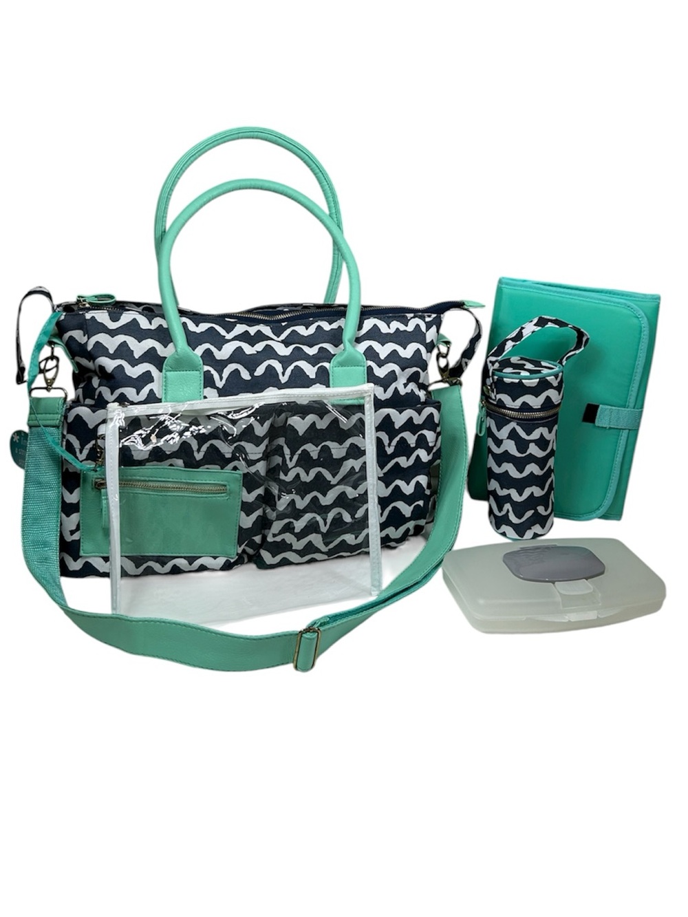 Teal Navy Wave Pattern Multi Pockets Complete Diaper Stroller Strap Tote Bag
